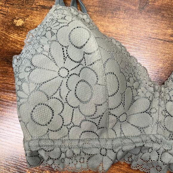 Aerie Real Happy Bra 36D Wireless Lightly Lined Candy Lace Floral Bralette Green - Picture 5 of 12